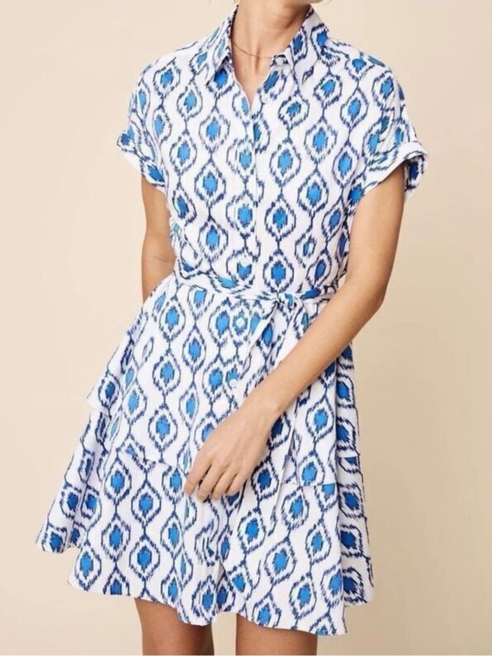 UNTUCKit Shirt Dress with Blue Ikat Print and Tie Waist Renata size 2